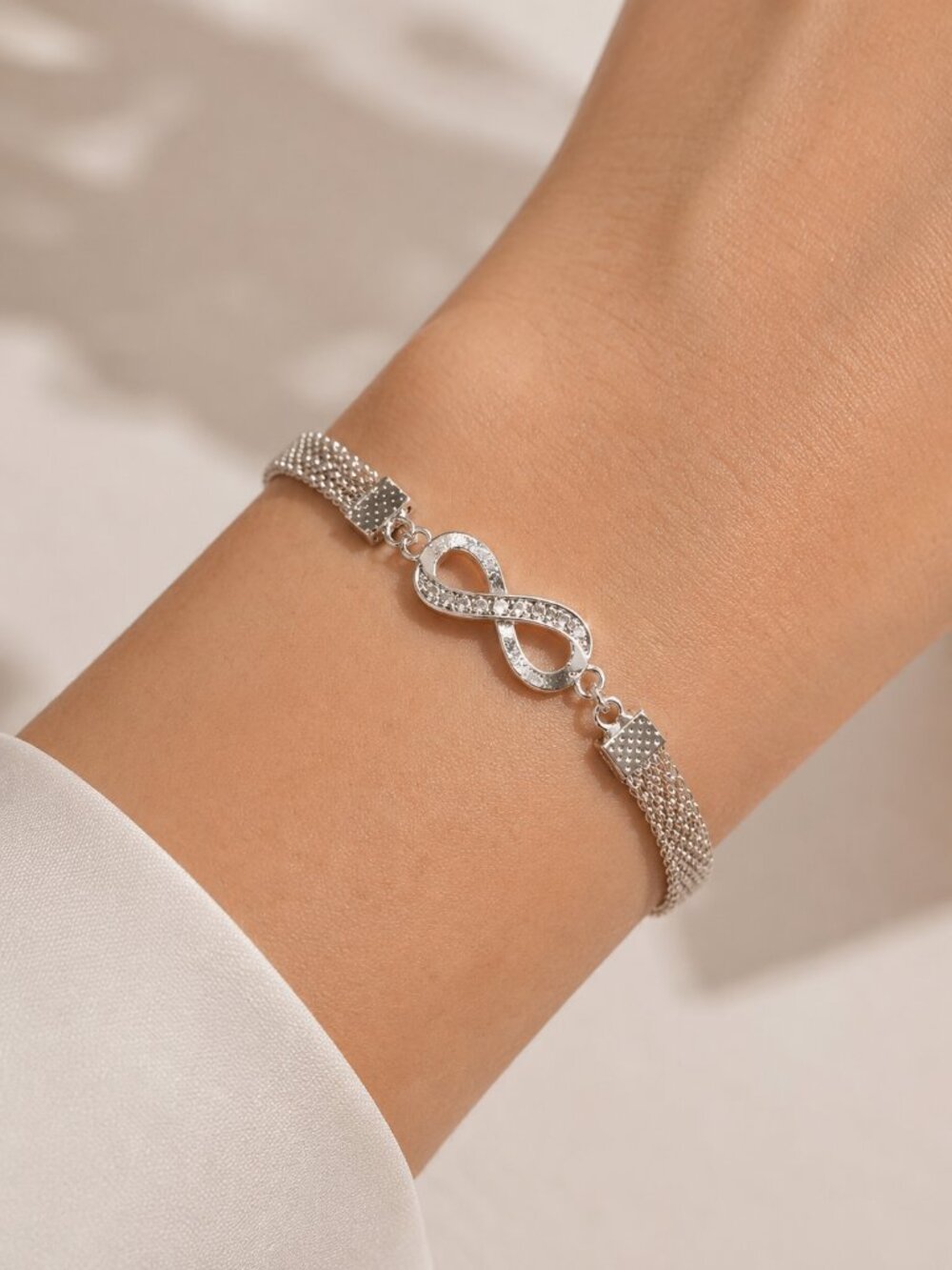 Infinity Silver Tone Mesh Bracelet Rhinestone Adjustable Elegant Jewelry